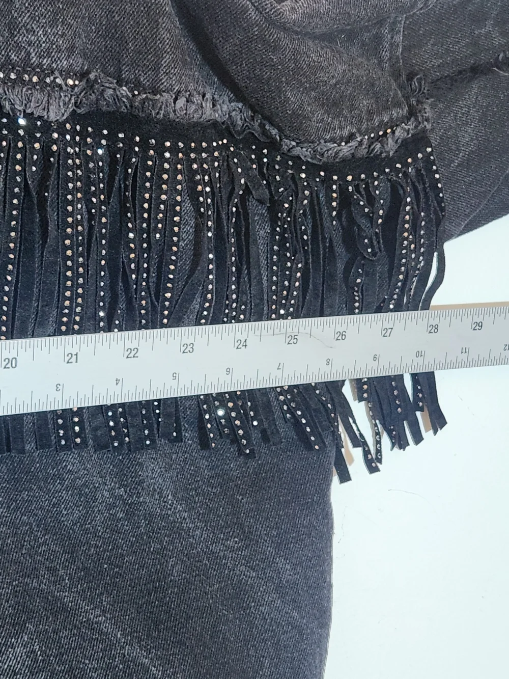 Zara Black Rhinestone Fringe Distressed Denim Jacket Size XS